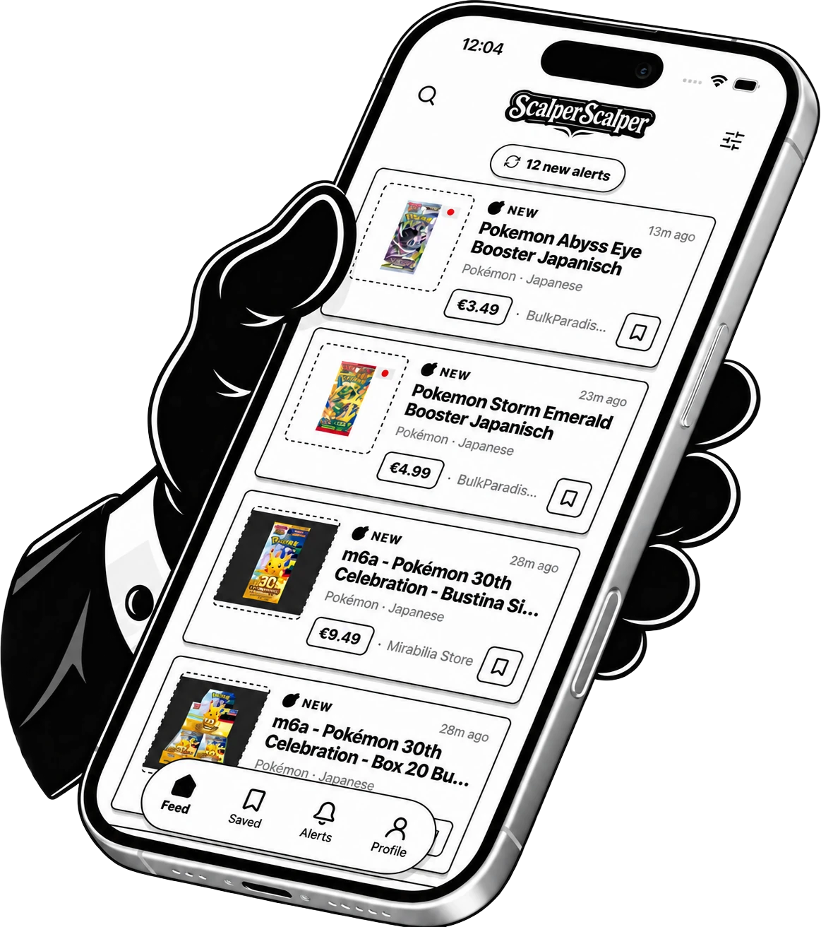 The ScalperScalper feed on iPhone: new listings with game, language, price, store and time.